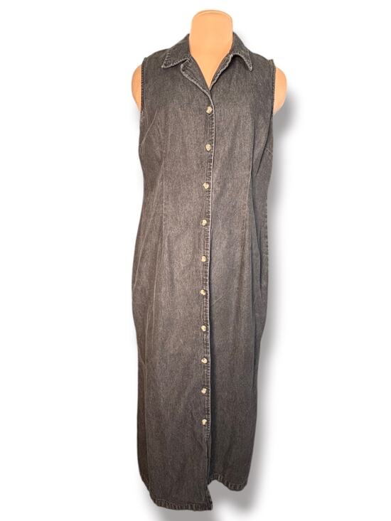 Vintage Dresses & Skirts - Vintage Black Denim Maxi Dress Sleeveless Button Front Grunge Modest Western
